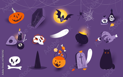 Halloween icons set, clip art decorations, design elements