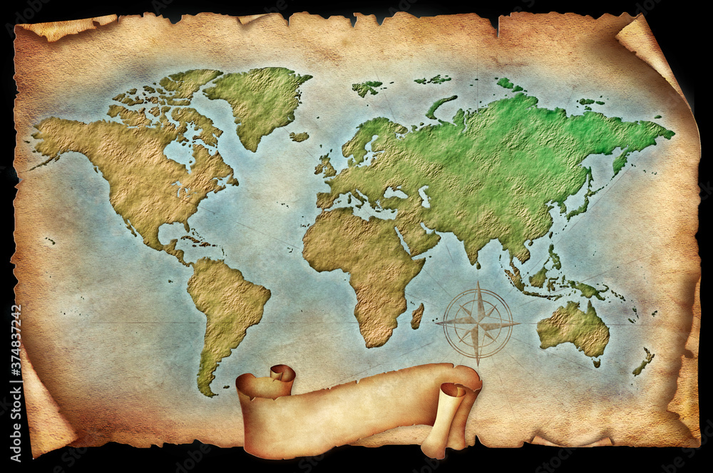 Vintage world map illustration on black background
