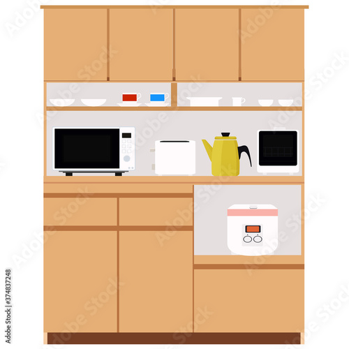 木製食器棚のイラストと家電　インテリア　キッチン　食卓　食器　棚　ベクター