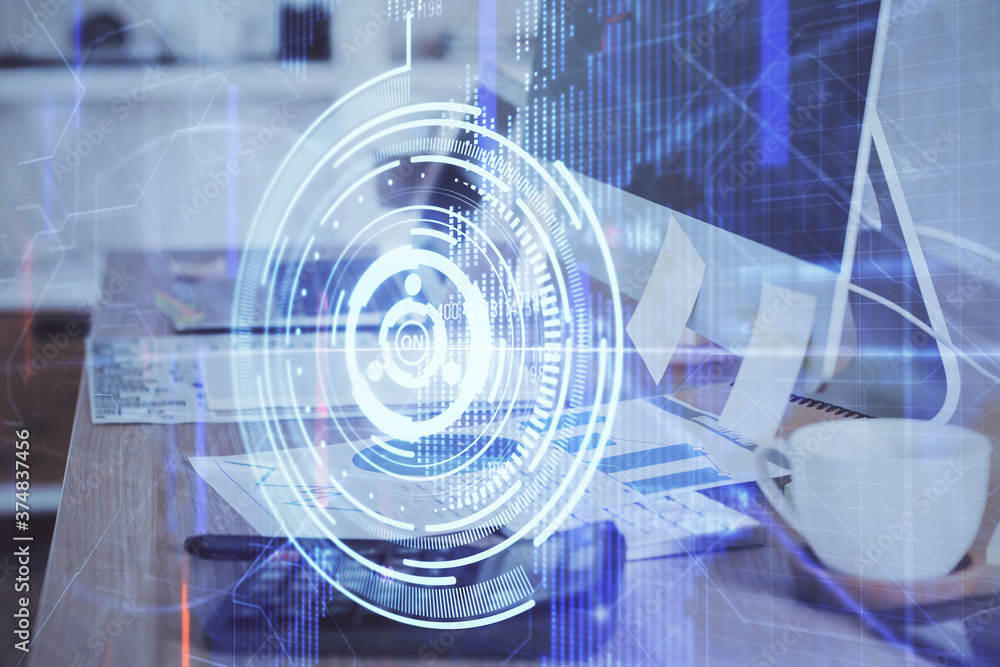 Double exposure of desktop computer and technology theme hologram. Concept of software development. Double exposure of desktop computer and technology theme hologram. Concept of software development.