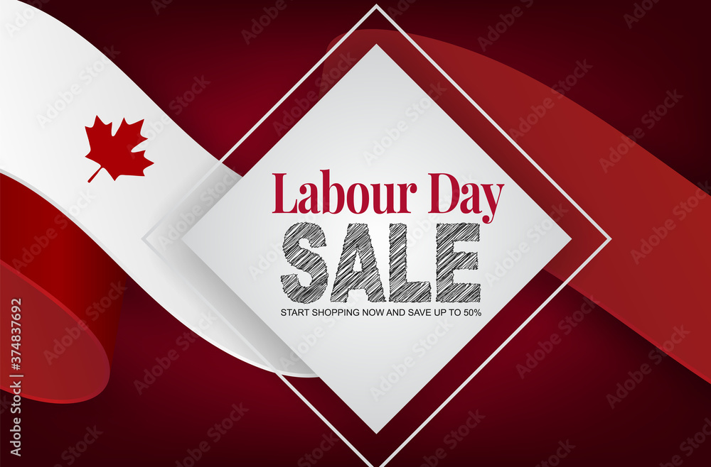 Fototapeta premium Labour Day sale banner. Canadian waving ribbon flag background. Canada national workers holiday concept. Vector illustration.