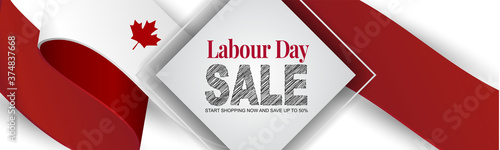 Canada Labour Day  sale banner. or header or header Canadian waving ribbon flag background. National workers holiday concept. Vector illustration.