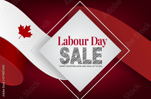 Labour Day sale banner. Canadian waving ribbon flag background. Canada national workers holiday concept. Vector illustration.