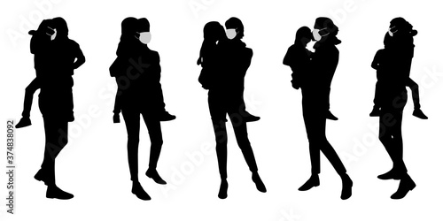 Vector concept conceptual  silhouette women taking care of children while social distancing as means of prevention and protection against coronavirus contamination. A metaphor for the new normal.