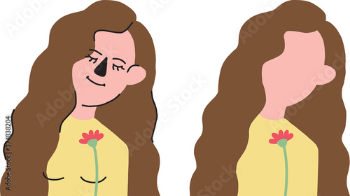 Young woman.Long curly hair,cute,happy girl.Puberty,girls sex education,feminism.Woman with a red flower,menstruation symbol.Mental health,self-esteem.Isolated on a white background.Vector graphics.