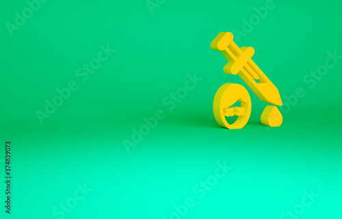 Orange Sword with blood icon isolated on green background. Medieval weapons knight and soldier. Symbol of murder. Minimalism concept. 3d illustration 3D render.