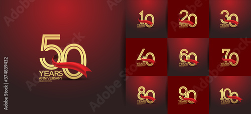 Anniversary set logotype style with golden color multiple line number. vector design for template element, invitation, greeting card and celebration purpose