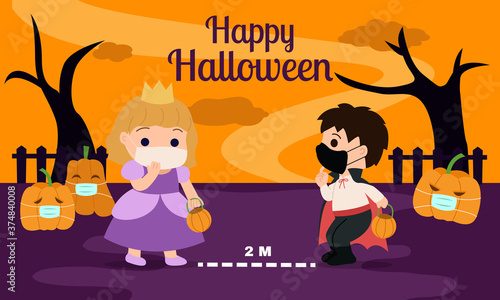 Happy halloween with social distancing tips for kids. Boy and girl keep safe distance and wearing protective mask. Nursery flat cartoon vector design with spooky background.