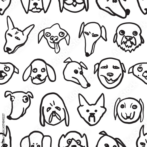 Vector graphics. Minimalistic illustration. Seamless pattern on a white background. Funny stupid dogs. Cartoon style freehand drawing. 