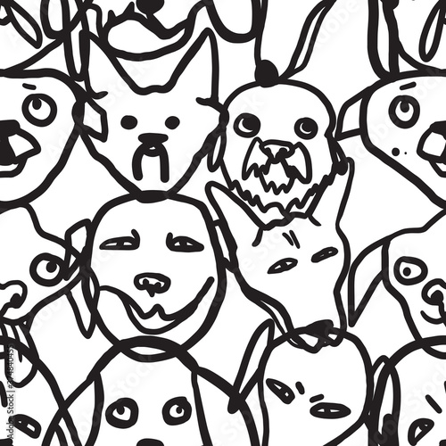 Vector graphics. Minimalistic illustration. Seamless pattern on a white background. Funny stupid dogs. Cartoon style freehand drawing. 