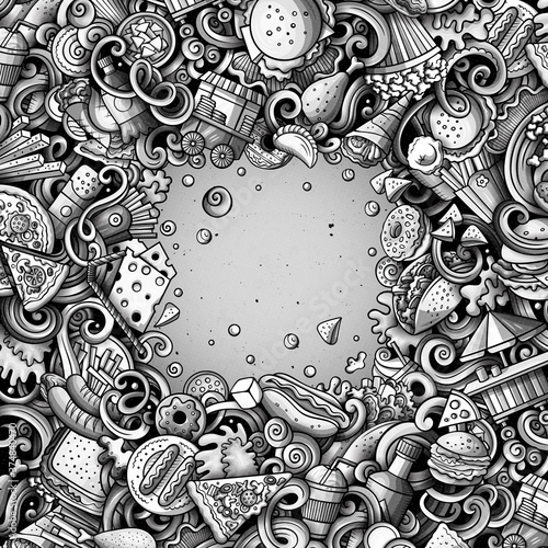 Fastfood hand drawn vector doodles illustration. Fast food frame