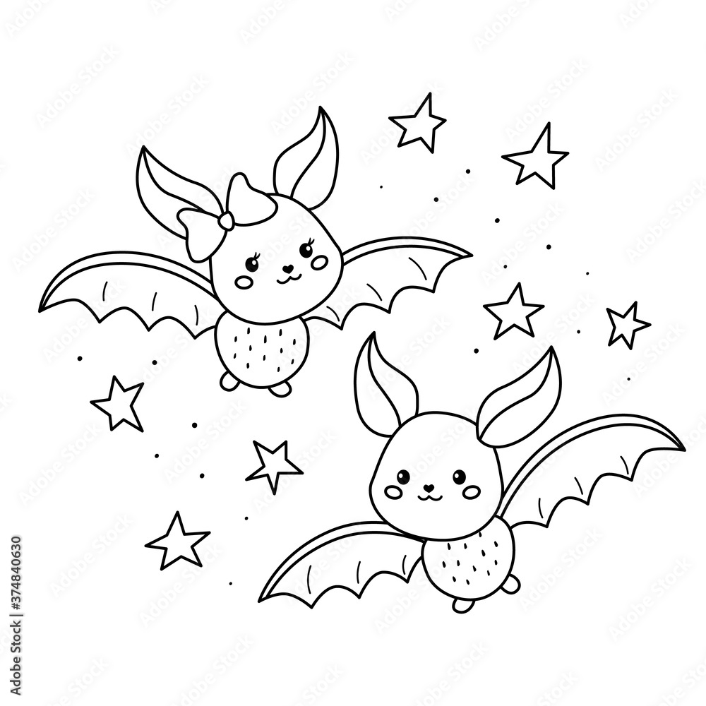 Vector kawaii cartoon bats. Halloween coloring page for children. Night sky  with stars. Stock Vector | Adobe Stock