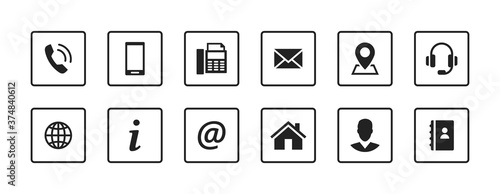 Set contact icons in a square. Black vector symbol elements.