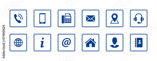 Set contact icons in a square. Blue vector symbol elements.