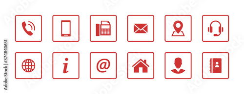 Set contact icons in a square. Red vector symbol elements.