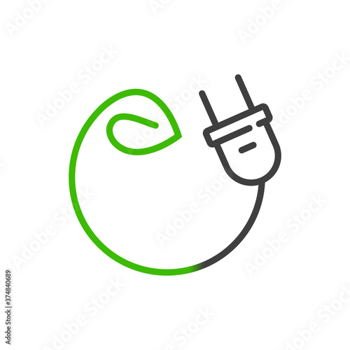 Concepto energía eléctrica limpia y renovable. Logotipo lineal enchufe eléctrico con cable con hoja de planta en círculo en verde y gris