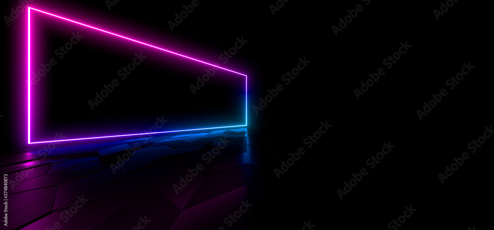 Obraz premium Colored luminous geometric shape on a black background. 3d rendering image.