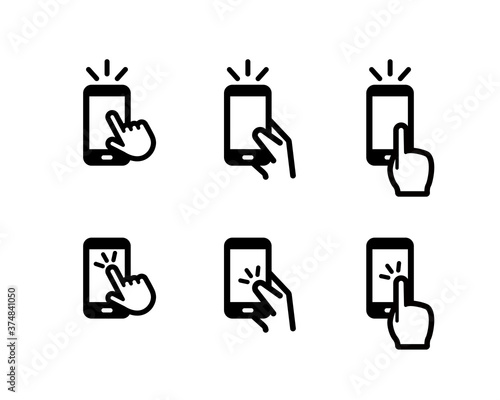 スマートフォンを手で持つアイコンのセット／スクロール／タップ／ショッピング／電話／携帯