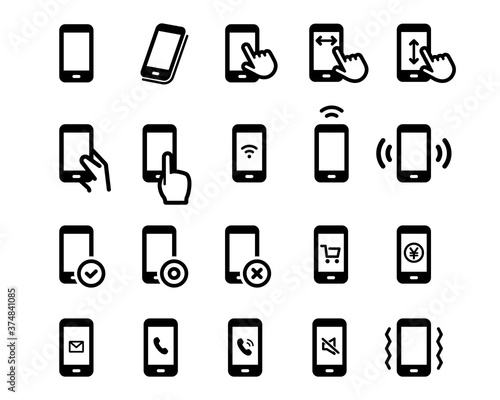 スマートフォンのいろいろなアイコンのセット／スクロール／タップ／手／ショッピング／電話／携帯