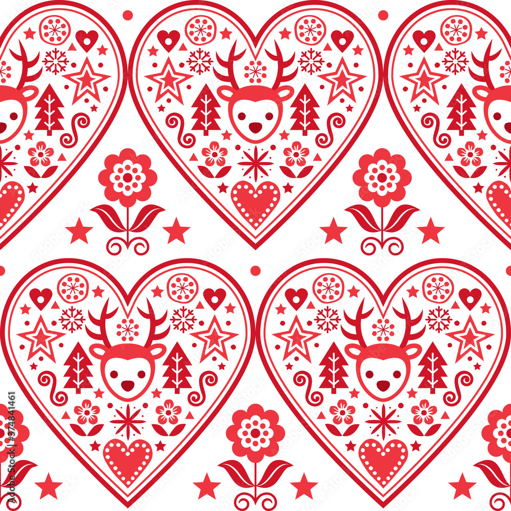 Christmas Scandinavian vector heart seamless pattern - folk art style textile design with reindeer, snowflakes Xmas trees and flowers
