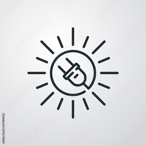 Concepto energía eléctrica solar. Logotipo lineal enchufe eléctrico con cable circular como sol en fondo gris