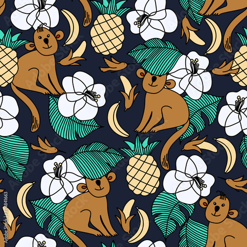 Vector seamless design with funny monkeys among tropical plants and flowers
