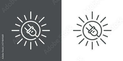 Concepto energía eléctrica solar. Logotipo lineal enchufe eléctrico con cable circular como sol en fondo gris y fondo blanco