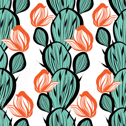 Vector seamless pattern with bright cacti Blooming cactus illustration