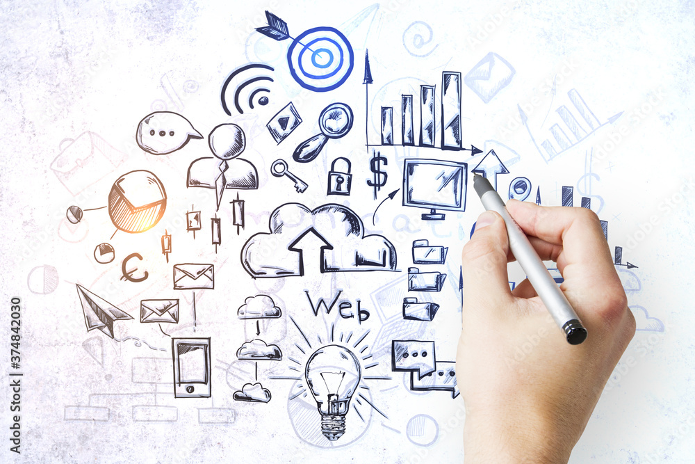 Businessman hand drawing business sketch Businessman hand drawing business sketch