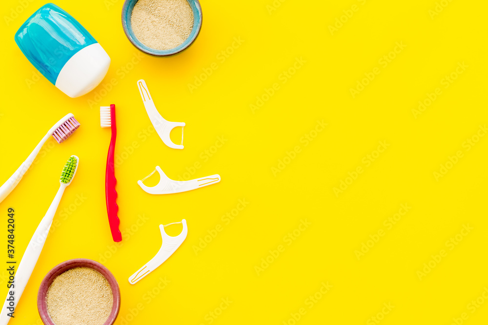 Set of different tools for dental care and hygiene. Top view, flat lay Set of different tools for dental care and hygiene. Top view, flat lay