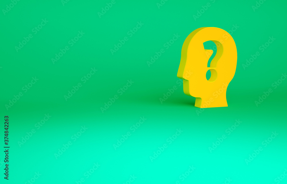 Orange Human head with question mark icon isolated on green background. Minimalism concept. 3d illustration 3D render. Orange Human head with question mark icon isolated on green background. Minimalism concept. 3d illustration 3D render.