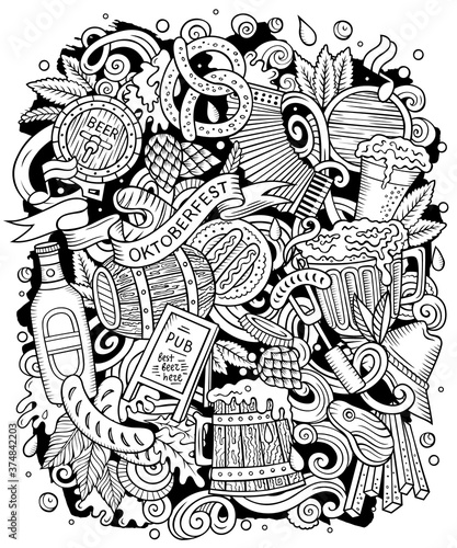 Cartoon vector doodles Beer fest illustration. Oktoberfest funny picture