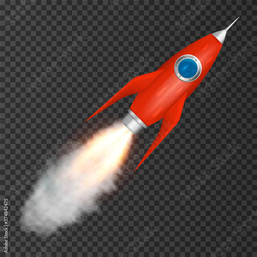 Realistic rocket space ship launch isolated on transparent background. Vector illustration.