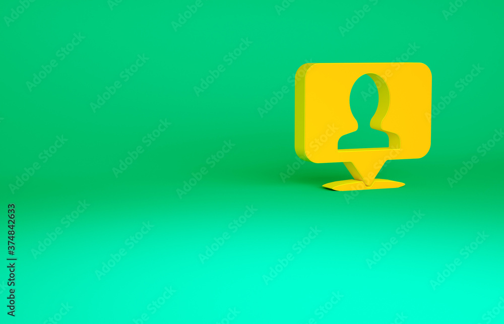 Orange Map marker with a silhouette of a person icon isolated on green background. GPS location symbol. Minimalism concept. 3d illustration 3D render. Orange Map marker with a silhouette of a person icon isolated on green background. GPS location symbol. Minimalism concept. 3d illustration 3D render.
