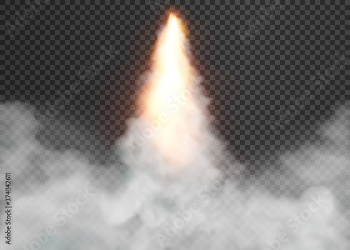 Spaceship fly rockets launch smoke cloud. isolated on transparent background. Vector illustration.