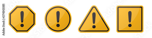 Set of hazard attention sign with exclamation mark in different shapes in orange