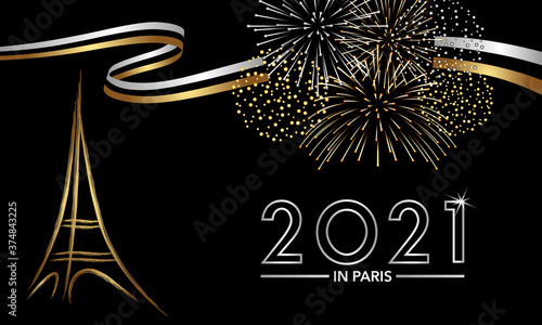 2021- carte sur le thème de le fête du jour de l’an à Paris, noire, argent et or avec tour Eiffel et feux d’artifice. 