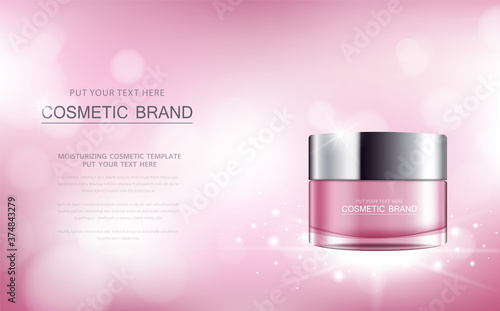 cosmetic product poster, bottle package design with moisturizer cream or liquid, sparkling background with glitter polka.