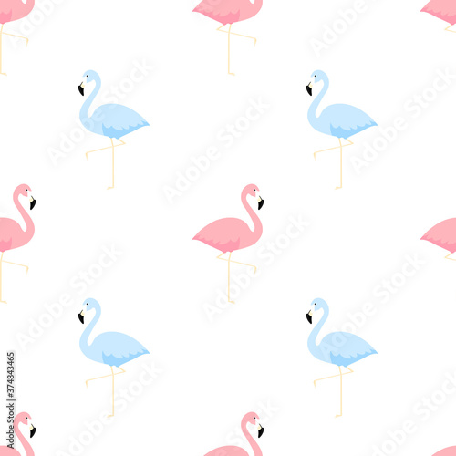 Flamingo seamless pattern vector illustration white background. Pink and blue tropical birds. Exotic art design for fabric and wallpaper.