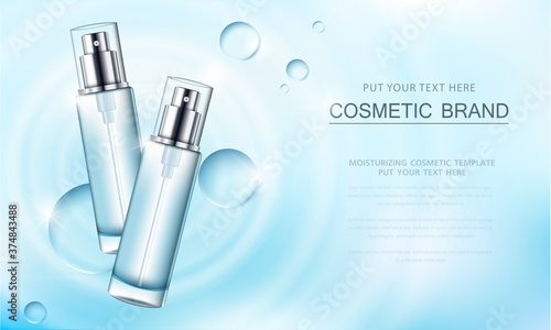 cosmetic product poster, bottle package design with moisturizer cream or liquid, sparkling background with glitter polka.