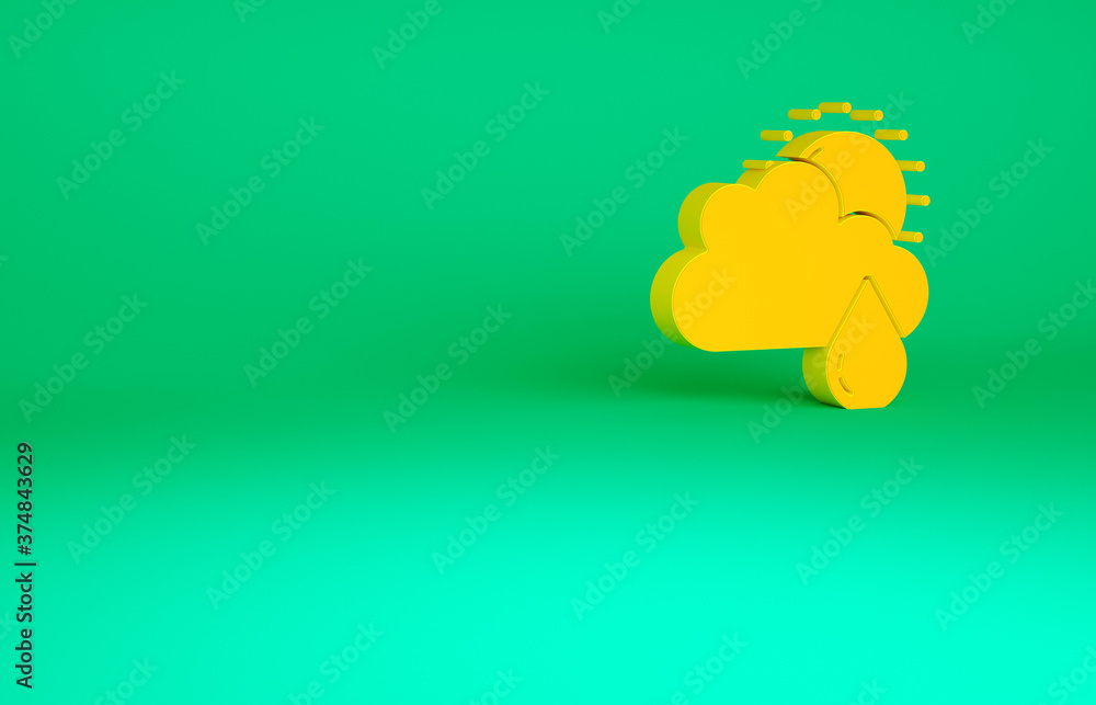 Orange Cloud with rain and sun icon isolated on green background. Rain cloud precipitation with rain drops. Minimalism concept. 3d illustration 3D render. Orange Cloud with rain and sun icon isolated on green background. Rain cloud precipitation with rain drops. Minimalism concept. 3d illustration 3D render.