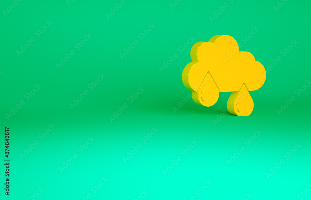 Orange Cloud with rain icon isolated on green background. Rain cloud precipitation with rain drops. Minimalism concept. 3d illustration 3D render. Orange Cloud with rain icon isolated on green background. Rain cloud precipitation with rain drops. Minimalism concept. 3d illustration 3D render.