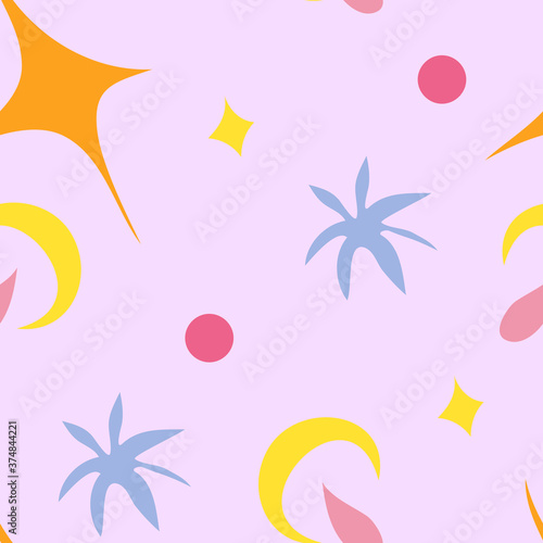 Summer confetti simple and cute vector seamless pattern with colorful stars  moons  drops and dots on pastel lavender background. Summer celebration  birthday party