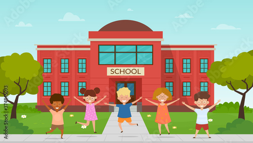 Happy children pupils having fun In front of school building. Multiracial boys and girls are playing together in outside. Vector illustration.