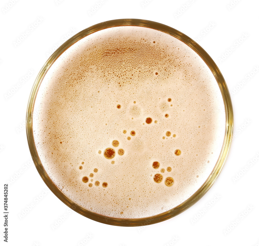 Glass of beer with foam isolated on white background, top view Glass of beer with foam isolated on white background, top view