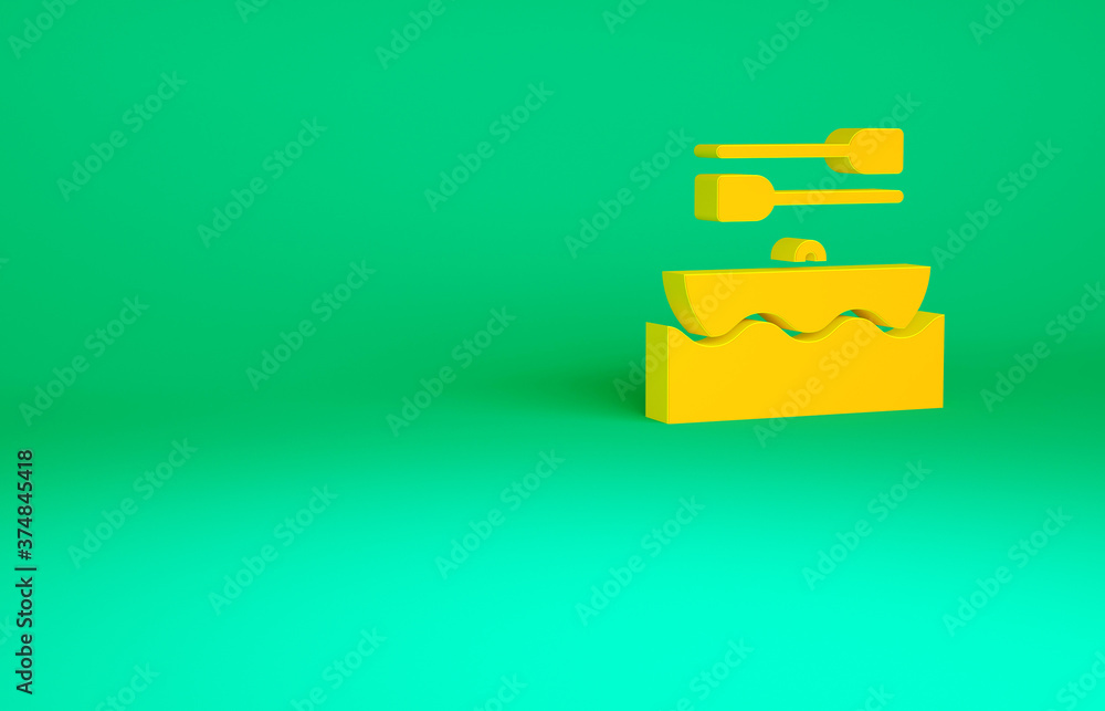 Orange Boat with oars icon isolated on green background. Water sports, extreme sports, holiday, vacation, team building. Minimalism concept. 3d illustration 3D render. Orange Boat with oars icon isolated on green background. Water sports, extreme sports, holiday, vacation, team building. Minimalism concept. 3d illustration 3D render.