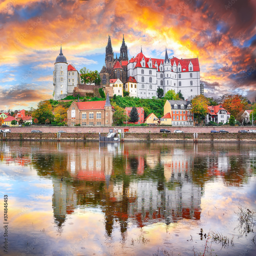 Awesome view on Albrechtsburg castle and cathedral on the River Elbe with dramatic  sunset