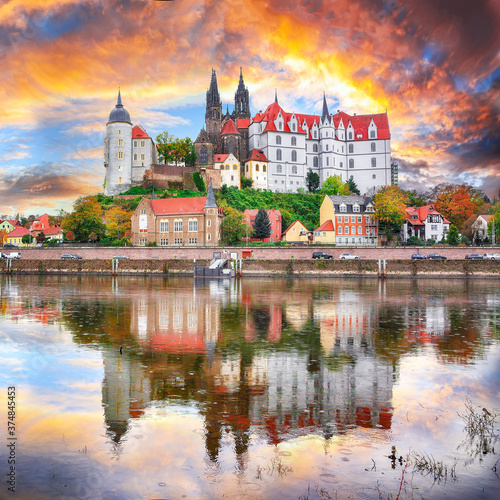 Awesome view on Albrechtsburg castle and cathedral on the River Elbe with dramatic sunset