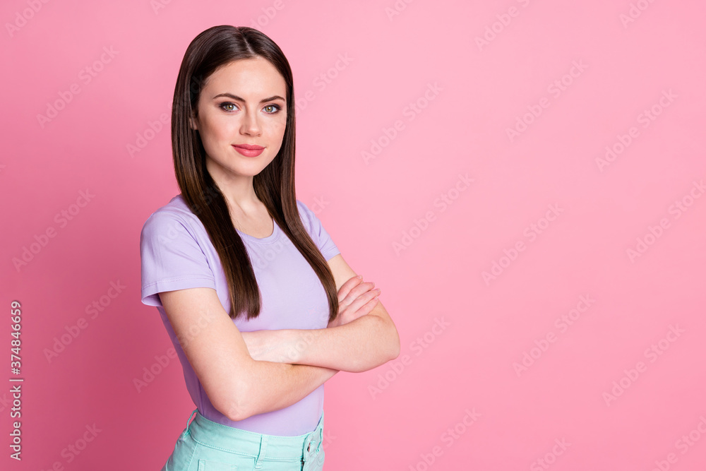 Profile photo of attractive charming lady good mood positive expression hands arms crossed self-confident person wear casual violet t-shirt pants isolated pink pastel color background Profile photo of attractive charming lady good mood positive expression hands arms crossed self-confident person wear casual violet t-shirt pants isolated pink pastel color background