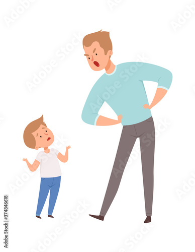 Father and son argue. Isolated angry man and cute boy. Family quarrel, dad punish son vector illustration. Father and son angry, conflict stress family